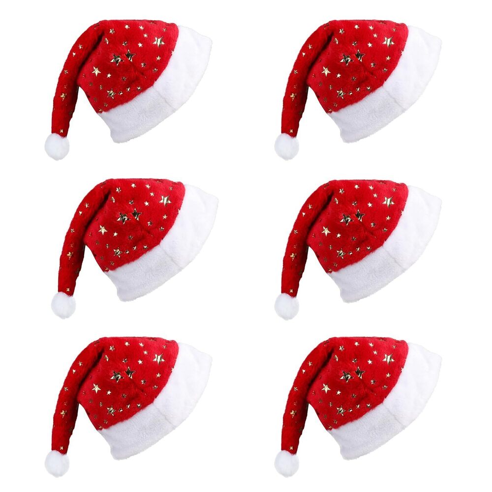 6927 6PCS Christmas Santa Hat,Red Xmas Hat with Glitter Golden Five-pointed